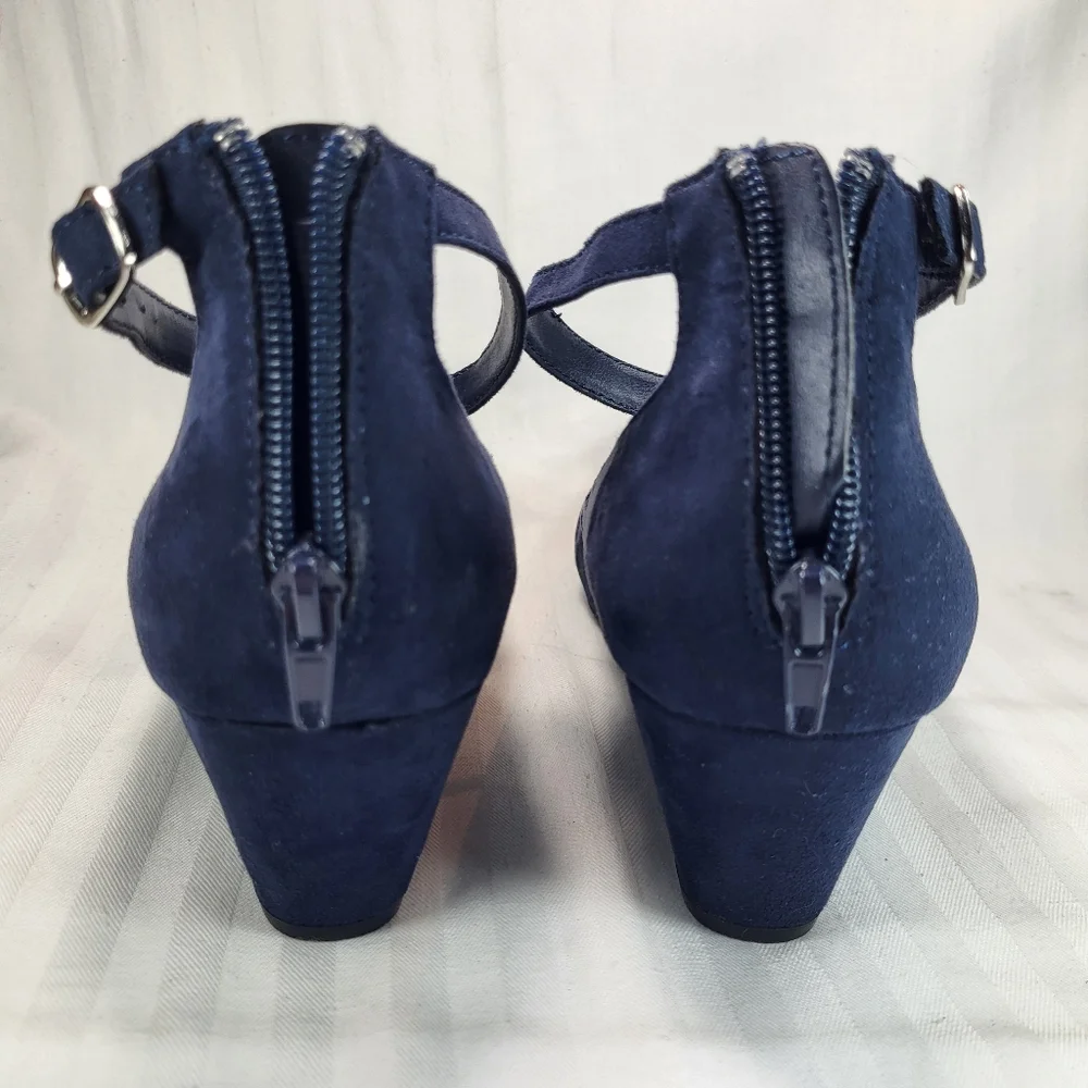 It's Ok Amal Blue SHOES Womens Size 11 Wedge Heels Strapped Ankle Zip Closed Toe